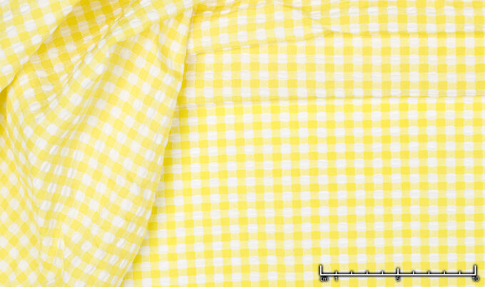 Bawełna Sukienkowa Kreszowana Kratka Żółto Słoneczno - Biała - skala