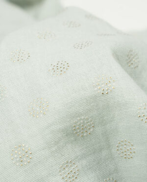 Muślin Double Gaze Jasny Szałwiowy Złote Kropki