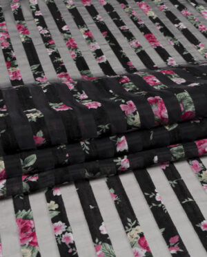 Włoska Czarna Półprzezroczysta Wiskoza w Flokowe Pasy Wzór 123