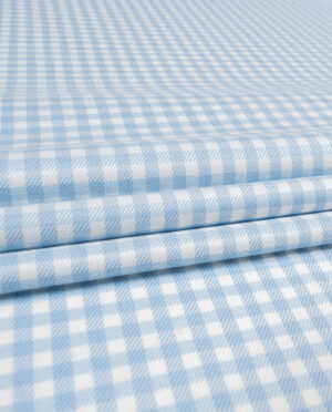 Tkanina Wiskozowa Ubraniowa Kratka Niebiesko - Biały Wzór 114